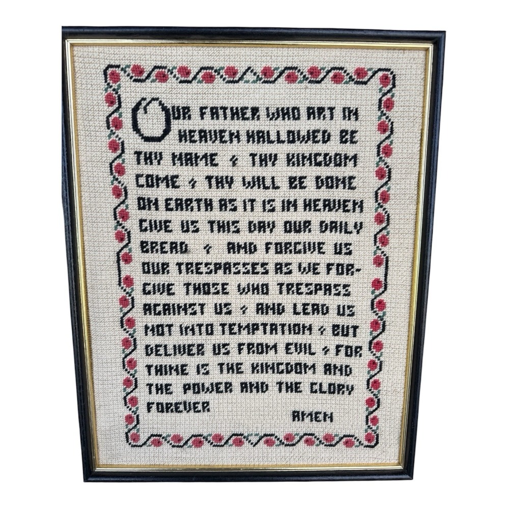 The Lord's Prayer Framed Vintage Needlepoint 20x17 Black Frame